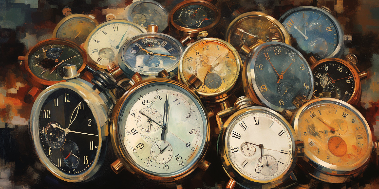 An oil painting of a pile of watches.